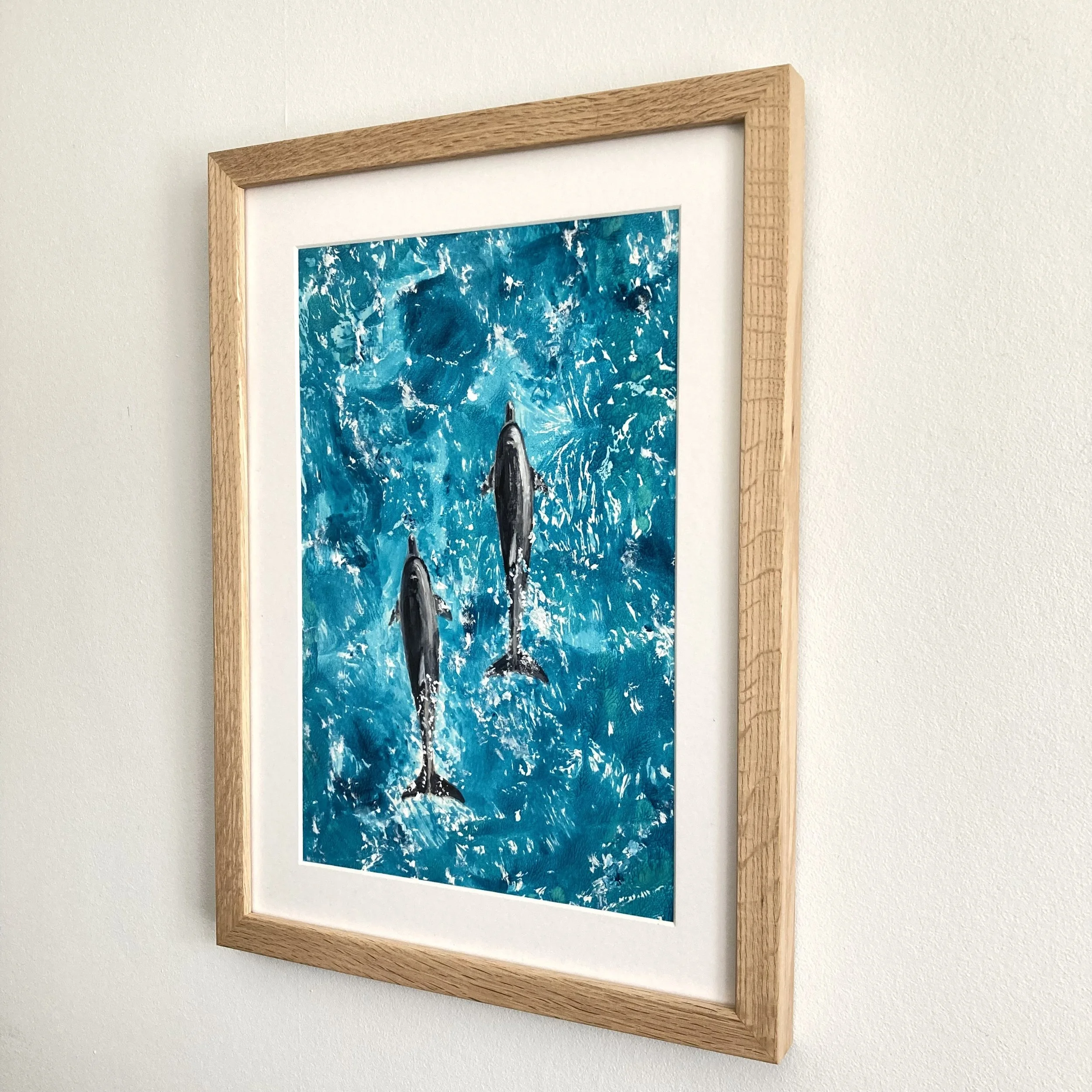 Summer Seas, Bottlenose Dolphins Mono Print by Joy Clifton, Aerial